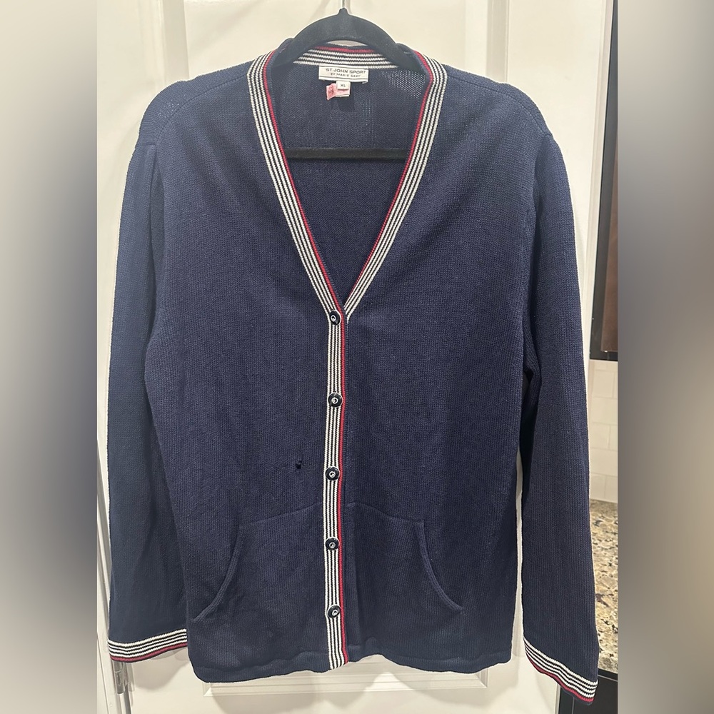 Women’s St. John Sport By Marie Gray Blue/White/Red Wool Cardigan - Size XL